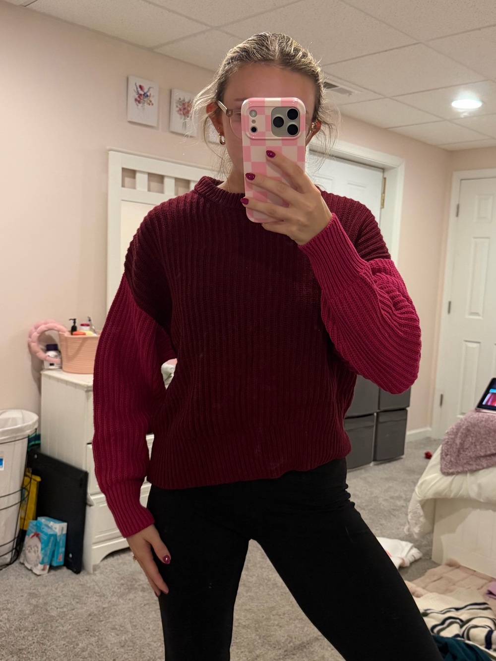 a new day Ribbed Pullover Sweater in Deep Wine and Fuchsia